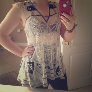 Cream + Black lace Anthropologie top