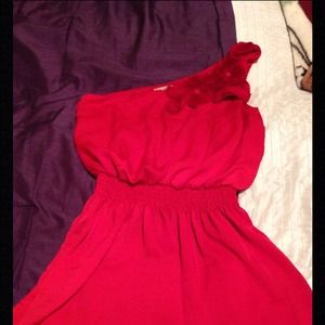 Red one shoulder dress and gold boots