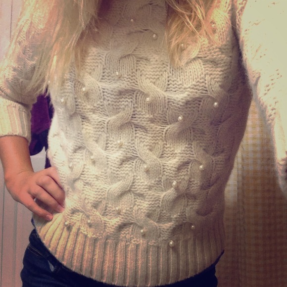 Beige Sweater With Pearl Beading