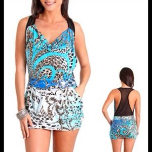 animal print cowl neckline  sheer racer back mini