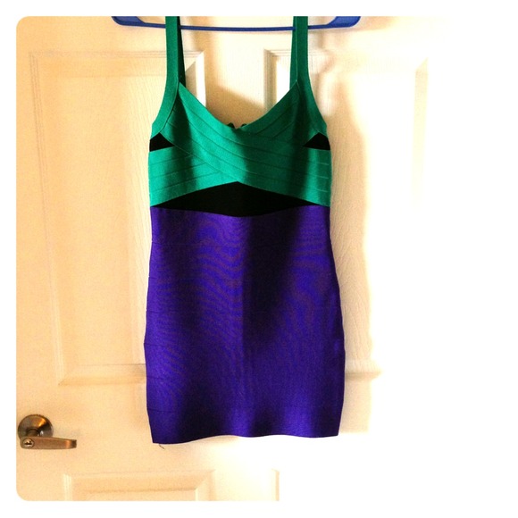 Bebe Bandage Dress Black/Purple/Green Size M