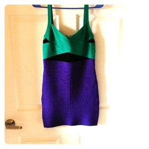 Bebe Bandage Dress Black/Purple/Green Size M