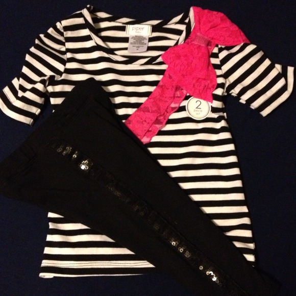 Girls Black & White Striped Top & Pant Set