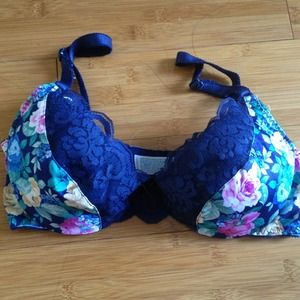 Navy blue lace and satin floral bra