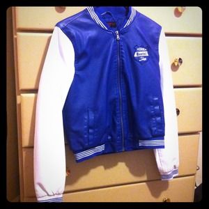 Dark blue baseball jacket leather zip up 2 pockets