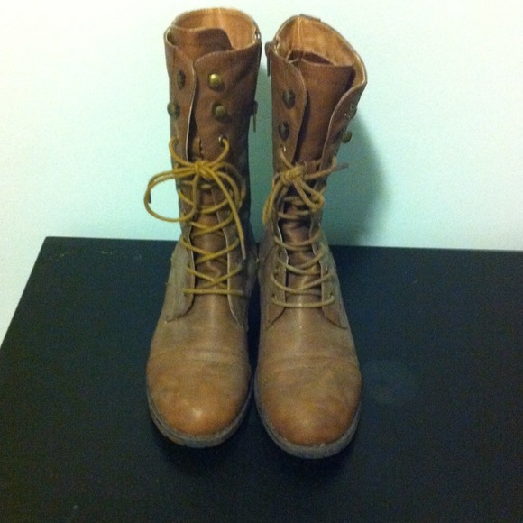 Brown faux leather combat boots