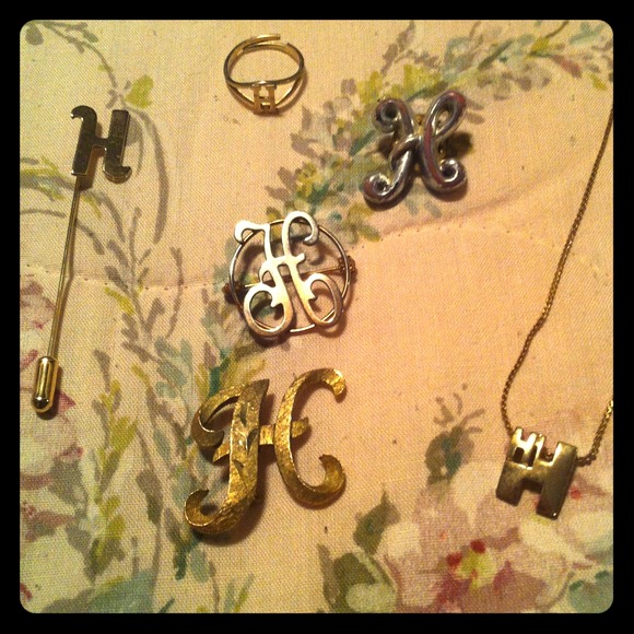 "H" necklace, ring, and pins