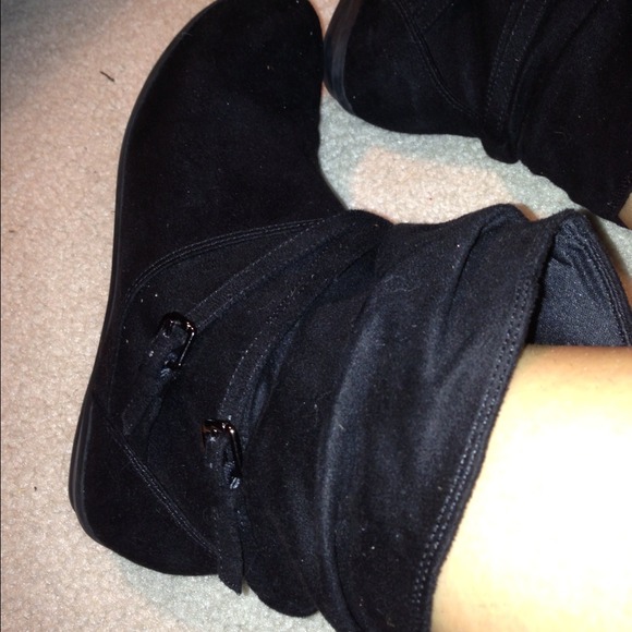 Black Suede Boots with Side Silver Buckles - Picture 2 of 3