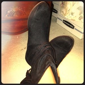 Black Suede Boots with Side Silver Buckles