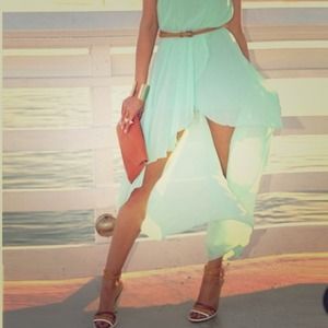 Adorable silky blue dress with brown braided belt!