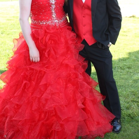 Bright Red Ruffle Ball Gown - Picture 2 of 4