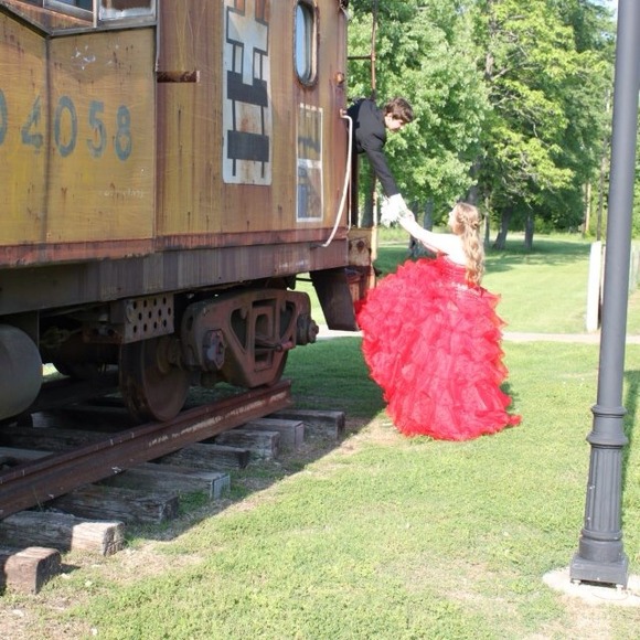 Bright Red Ruffle Ball Gown - Picture 4 of 4