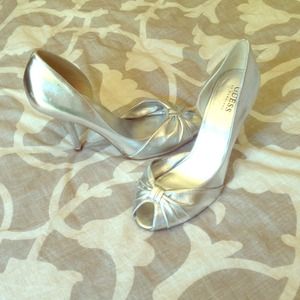 Silver peep toe heels