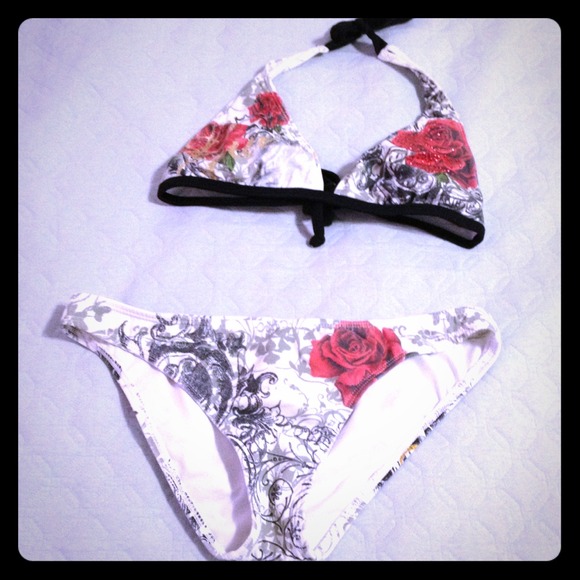 Guess bikini, floral dress, fila top & brown dress