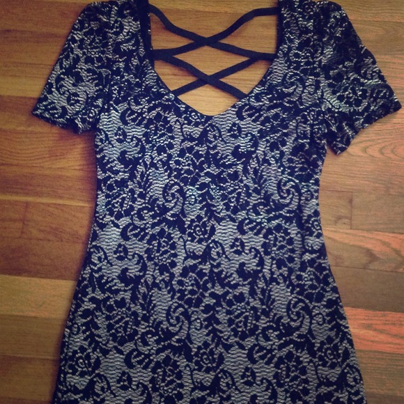 NWOT silver and black lace open back mini dress!
