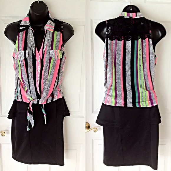 Neon/paisley striped button-down sheer blouse