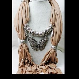 Tan  scarf big butterfly silver beads