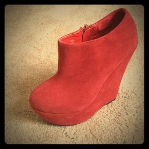 Red suede platform wedges