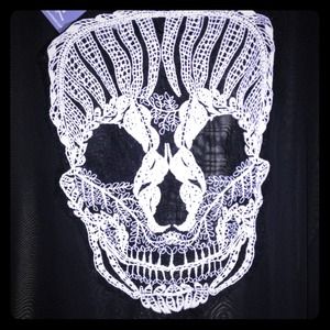 Wet Seal sheer, high-lo, lace skull shirt.