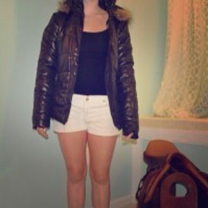 Black winter coat with a belt and fur hood