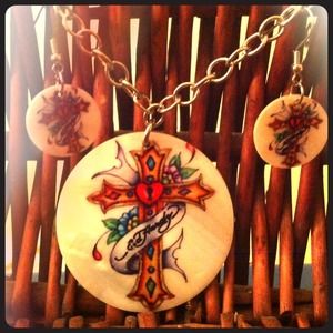 Ed Hardy cross shell necklace & matching earrings