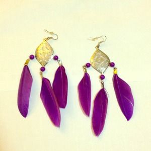 Purple feathered earrings