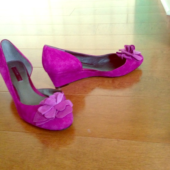 Purple suede shoes with 1.5 inch wedge