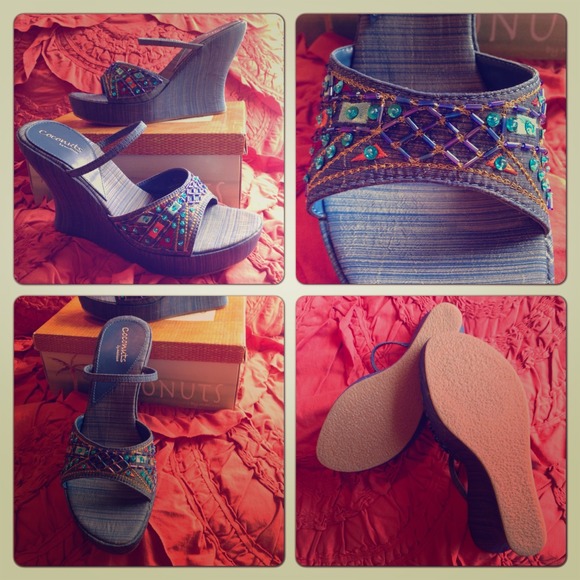 Blue Beaded Platform Sandals - Picture 1 of 4