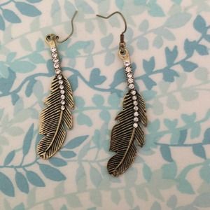 Gold feather rhinestone earrings