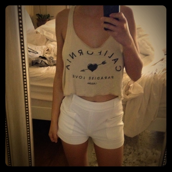 Nude crop top + high waisted shorts