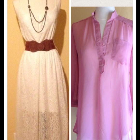 White lace maxi dress with brown belt