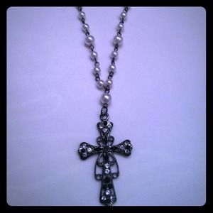 Cute Black cross necklace with white pearl chain!