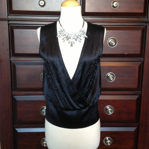 NWT Black Silk Beaded Plunging Neckline Top
