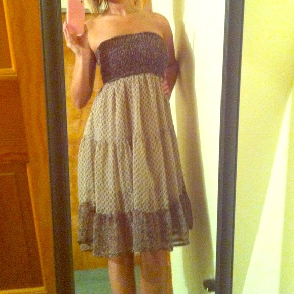 grey and beige dress with flower and dot pattern