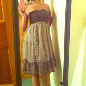 grey and beige dress with flower and dot pattern