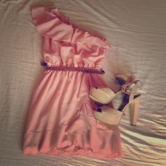 RESERVED One shoulder dress with thin brown belt.