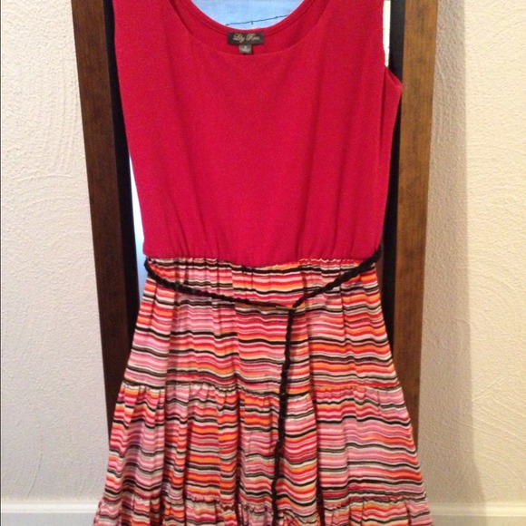 Red summer dress with striped skirt - Picture 1 of 2