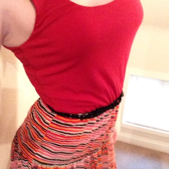 Red summer dress with striped skirt - Picture 2 of 2
