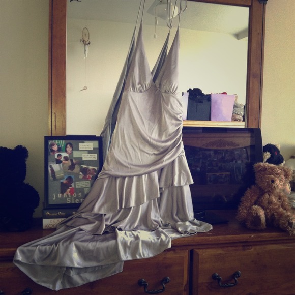 Matte silver dress with slanting tiered bottom