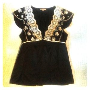 Adorable black satin, white lace top.