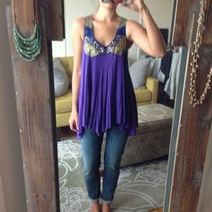 Free People Purple Top with Beaded Neckline