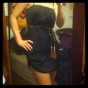 Tube top black satin dress with belt