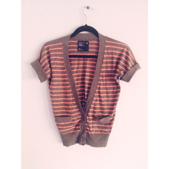 American Eagle Outfitters Outerwear - Short Sleeve Coral Striped Cardigan