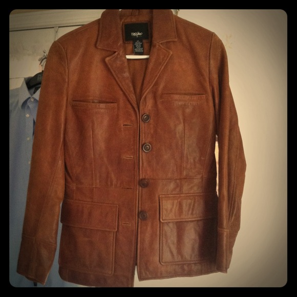 Chestnut leather jacket.