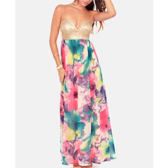 Lulus bustier sequin and floral print maxi dress