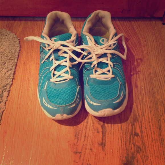 Blue and white tennis shoes