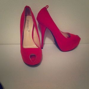 Red suede peep toe pumps!