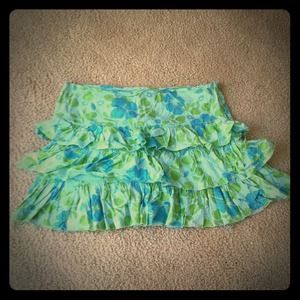 Blue & Green Flower Pattern Ruffle Skirt