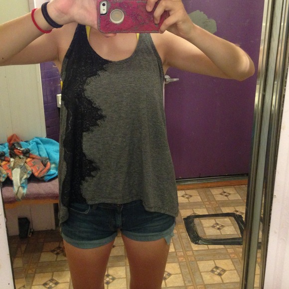 Black and grey stripe tank top lace side detailing