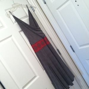 Long green/ brown print with red medallion waist